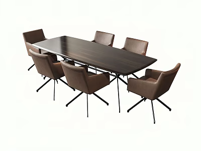 Dark Wood Rectangular Conference Table With Six Brown Metal Leg Chairs 3d model
