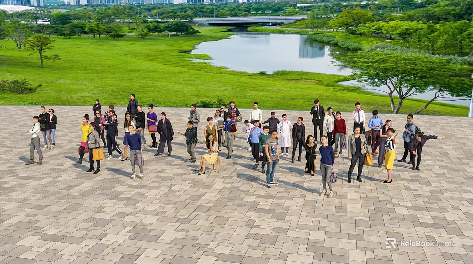 Group of People in Paved Plaza With Green Grass Lake Trees and Bridge 3d model 