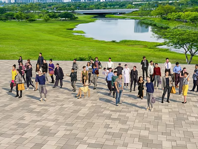 Group of People in Paved Plaza With Green Grass Lake Trees and Bridge 3d model