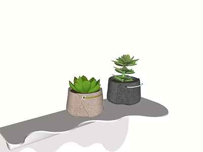 Green Bonsai Potted Plants In Brown And Gray Pots On Modern Shelf 3d model