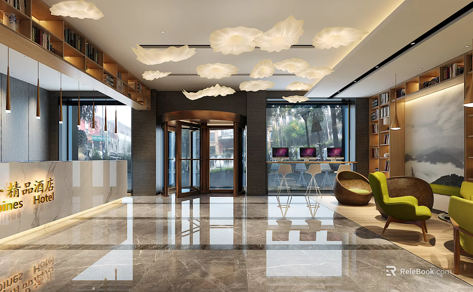 Modern Hotel Lobby With Cloud Shaped Chandeliers Marble Floor And Green Seating Area 3d model 