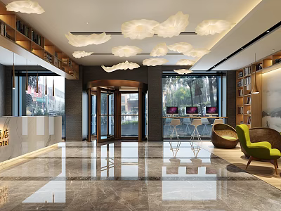 Modern Hotel Lobby With Cloud Shaped Chandeliers Marble Floor And Green Seating Area 3d model
