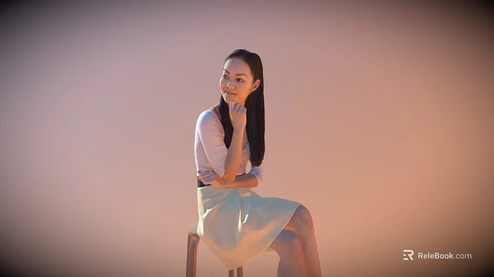 Graceful Woman Sitting On Wooden Chair With Light Skirt In Soft Warm Background 3d model 