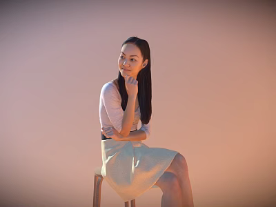 Graceful Woman Sitting On Wooden Chair With Light Skirt In Soft Warm Background 3d model