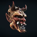 Traditional Horned Mask Featuring Intricate Red Gold And Black Decorative Patterns
