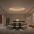 Elegant Private Dining Room With Round Dining Table Chairs Fireplace And Circular Ceiling Light 3d model