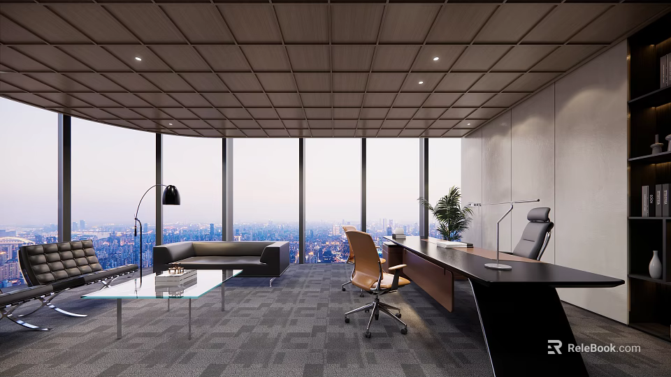 Modern Open Office Space With Large Windows Ergonomic Desk And Urban View 3d model 
