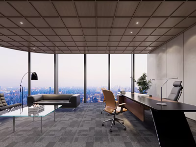 Modern Open Office Space With Large Windows Ergonomic Desk And Urban View 3d model