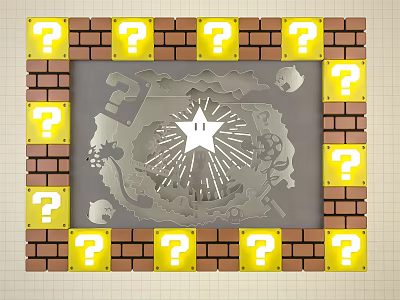 Brick Wall Decorated With Yellow Question Marks And Silver Frame With Star Pattern 3d model