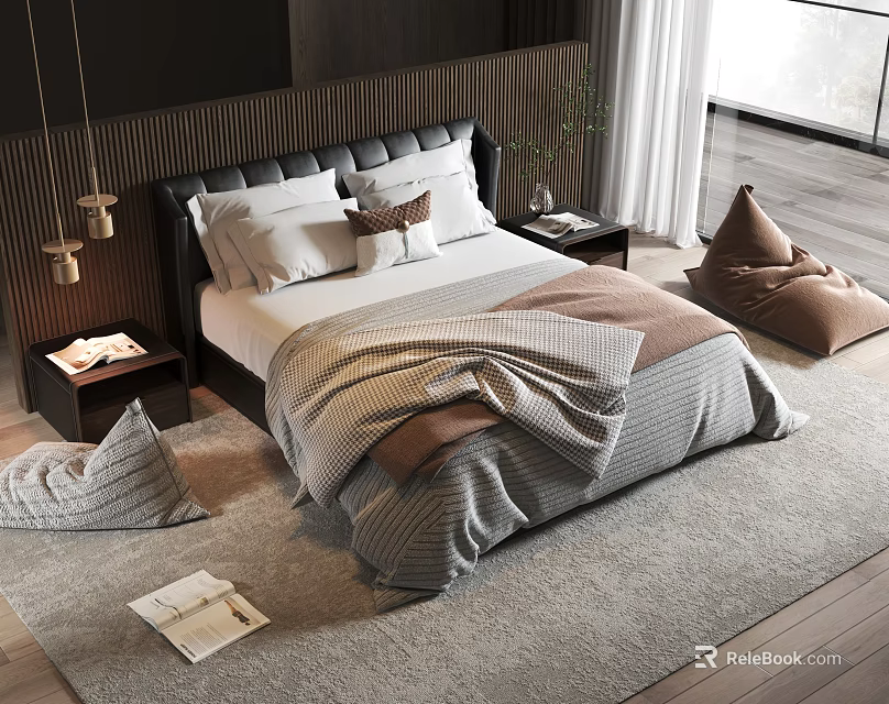 Modern Double Bed With Upholstered Headboard Throw Pillows Soft Bedding And Area Rug 3d model 