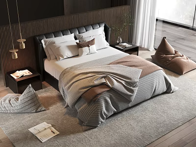 Modern Double Bed With Upholstered Headboard Throw Pillows Soft Bedding And Area Rug 3d model