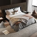 Modern Double Bed With Upholstered Headboard Throw Pillows Soft Bedding And Area Rug 3d model