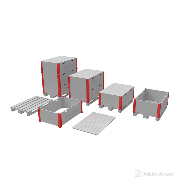Gray Storage Containers In Various Sizes With Red Edges And Removable Lids 3d model 