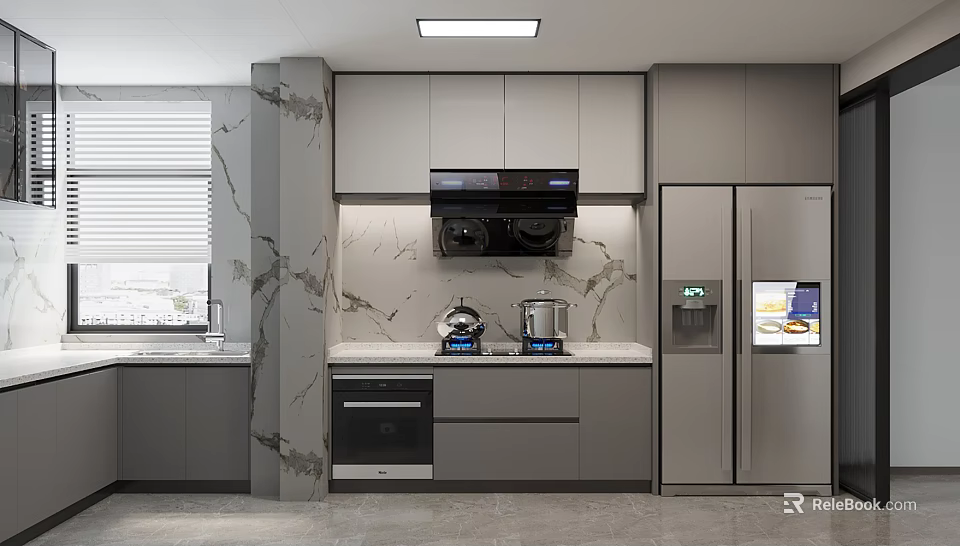 Modern Gray Kitchen Interior With Marble Countertops Oven Stove Refrigerator And Window Blinds 3d model 