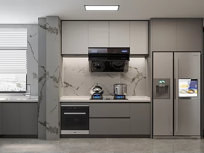 Modern Gray Kitchen Interior With Marble Countertops Oven Stove Refrigerator And Window Blinds 3d model