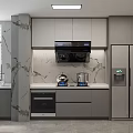Modern Gray Kitchen Interior With Marble Countertops Oven Stove Refrigerator And Window Blinds