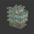 Old Multi Storey Residential Building with Peeling Walls Broken Windows Entrance Door and Rooftop Antennas