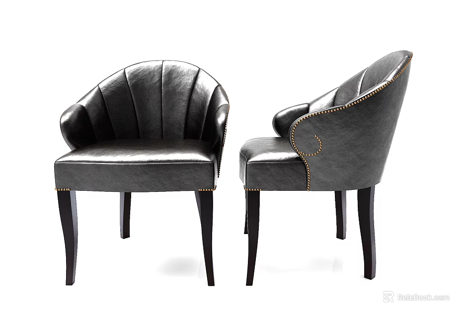 Stylish Dark Gray Leather Leisure Chair With Scalloped Backrest And Wooden Legs Design 3d model 