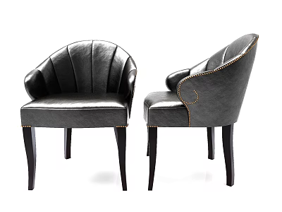 Stylish Dark Gray Leather Leisure Chair With Scalloped Backrest And Wooden Legs Design 3d model
