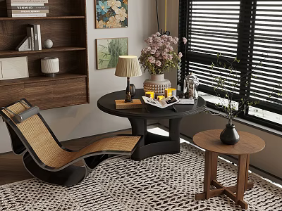 Rattan Lounge Chair In Living Room With Side Table Vase Rug And Window Blinds 3d model