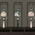 Decorative Ornament Decor Set with Three Black Stands Hanging Ornaments Colorful Tassels and Bamboo Backdrop