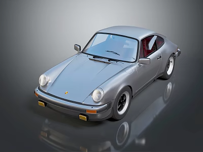 Silver Vintage Porsche Sports Car With Sleek Body And Red Interior On Reflective Surface 3d model