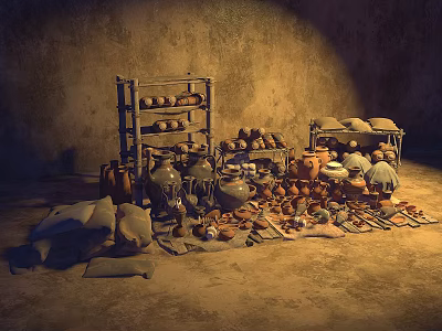 Handcrafted Ceramic Vessels Display On Rustic Shelves With Various Pots And Bowls 3d model