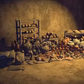 Handcrafted Ceramic Vessels Display On Rustic Shelves With Various Pots And Bowls