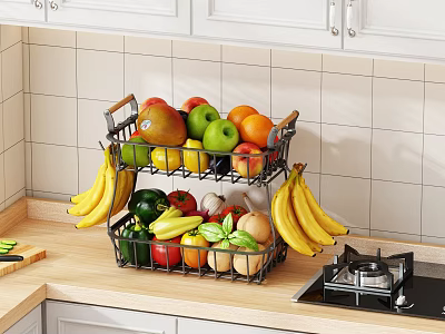 Organized Kitchen With White Cabinets Light Tiled Walls And Two Tier Metal Fruit Vegetable Basket 3d model