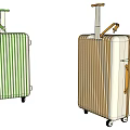Two Modern Striped Trolley Suitcases in Green and Brown with Wheels