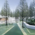 Modern Park Landscape With Tall Trees Green Grass White Structures And Wide Pathway