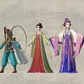 Traditional Chinese Costumes Worn By Three Figures With Colorful Robes And Historical Designs
