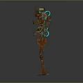 Robot Character With Rusty Metal Body Blue Glowing Lines Mechanical Joints And Detailed Design