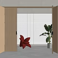 Open Wooden Folding Doors In Modern Interior With Blinds Red Chair And Green Plant