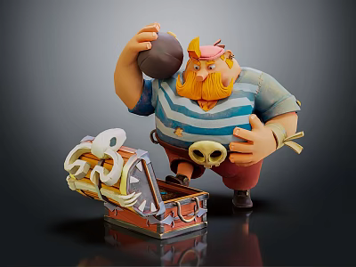 Pirate Game Character With Red Beard Yellow Hat Holding Cannonball And Open Treasure Chest 3d model