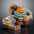 Pirate Game Character With Red Beard Yellow Hat Holding Cannonball And Open Treasure Chest