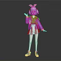 3D Game Character With Bunny Ears Light Blue Hair Denim Jacket White Dress And Blue Sneakers