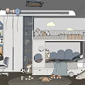 Kids Room Interior With White Bunk Bed Storage Desk Stuffed Toys And Rug