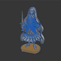 Elegant Detailed Golden Character Statue Holding Weapon Standing On Reflective Platform