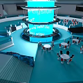 Spacious Modern Peninsula Station Interior With Circular Structure And Blue Tables Chairs