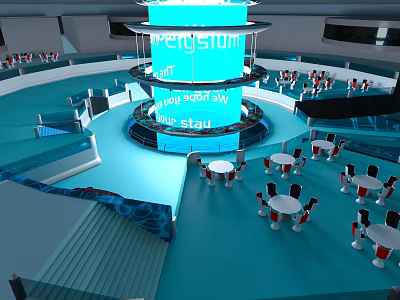 Spacious Modern Peninsula Station Interior With Circular Structure And Blue Tables Chairs 3d model