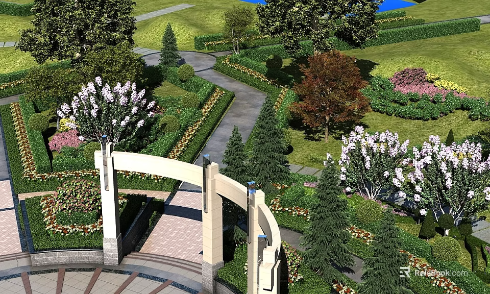 Swing Door In Garden Landscape With Lawn Flowers Trees And Pathway 3d model 