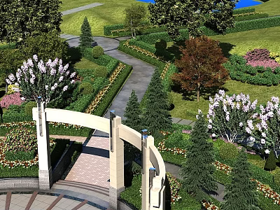 Swing Door In Garden Landscape With Lawn Flowers Trees And Pathway 3d model