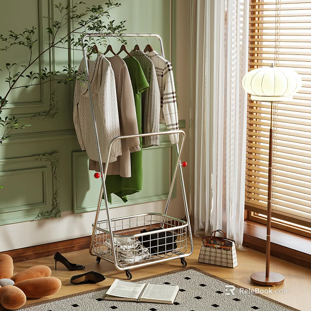 Rolling Garment Rack with Hanging Clothes Storage Basket Green Wall Window Blinds and Floor Lamp 3d model 