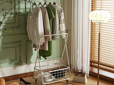 Rolling Garment Rack with Hanging Clothes Storage Basket Green Wall Window Blinds and Floor Lamp 3d model