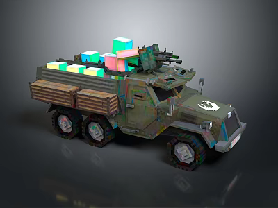 Military Truck With Six Wheels Camouflage Design Mounted Machine Gun And Colorful Cargo 3d model