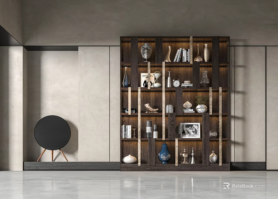 Modern Wooden Bookcase With Multi Tiered Shelves Containing Books Vases Photo Frames And Ornaments 3d model 