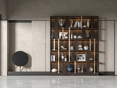 Modern Wooden Bookcase With Multi Tiered Shelves Containing Books Vases Photo Frames And Ornaments 3d model