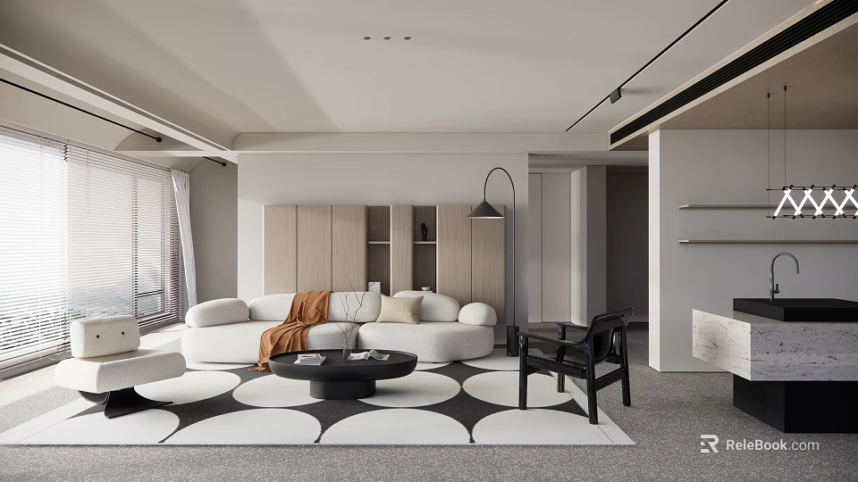 Modern Living Room Interior Design With Comfy Sofa Geometric Rug And Wooden Bookshelf 3d model 