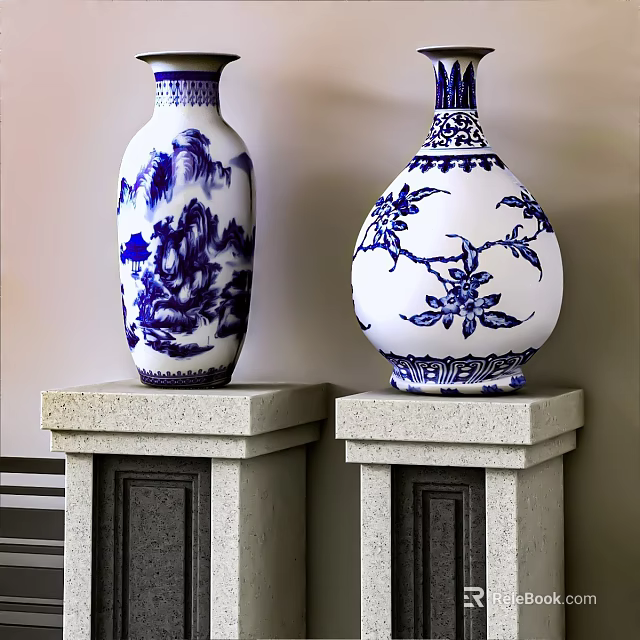 Blue and White Ceramic Vases With Landscape and Floral Patterns on Stone Pedestals 3d model 